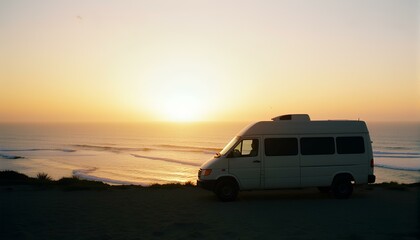 Obraz premium Silhouette of van parked by ocean road at sunset, orange and pink sky reflecting on water.
