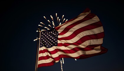 American flag waving at night with fireworks in background, patriotic celebration scene.
