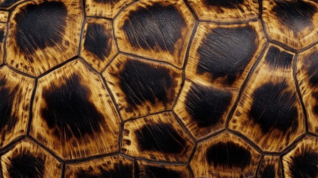 Turtle shell texture with copy space. Close-up turtle pattern. Reptile shell design. Turtle scales. Realistic turtle shell. Turtle design texture. Detailed turtle shell close-up. Wild Animal texture.