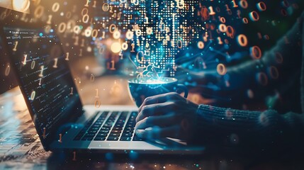Person working on a laptop with digital binary code overlay.