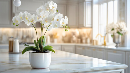 A beautiful white orchid in a golden pot graces a modern kitchen countertop, its elegant blooms and green leaves illuminated by soft natural light.