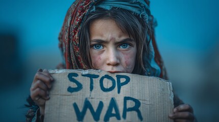 Dirty Hands of a Child Holding Stop War Sign, Anti-War Protest Concept
