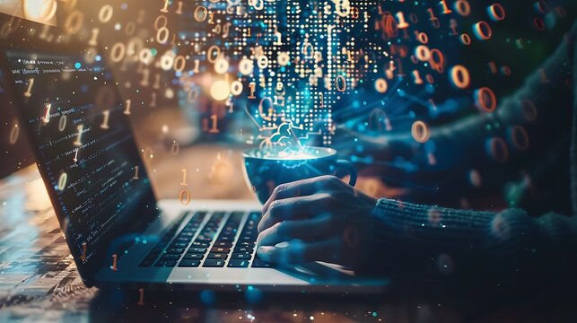 Person working on a laptop with digital binary code overlay.
