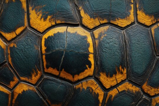Turtle shell texture with copy space. Close-up turtle pattern. Reptile shell design. Turtle scales. Realistic turtle shell. Turtle design texture. Detailed turtle shell close-up. Wild Animal texture.