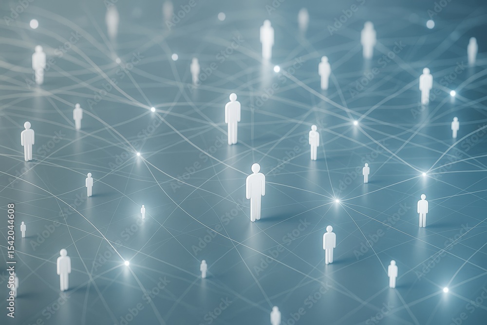Poster Abstract digital network of human figures connected by glowing lines on blue background symbolizing technology and communication concept.