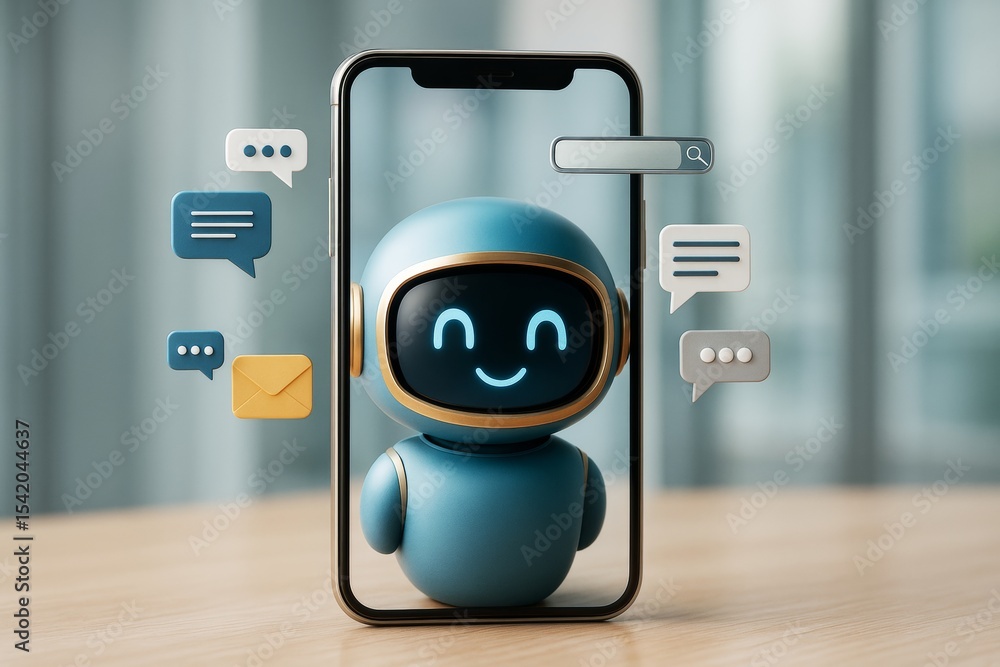 Poster Cute chatbot robot character appearing through smartphone screen surrounded by message icons on soft blur background, technology concept scene.