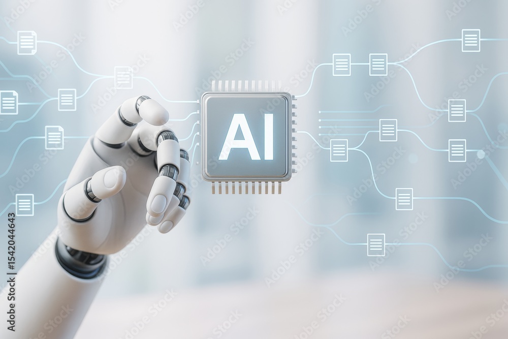 Poster Robotic hand interacting with AI microchip symbolizing artificial intelligence on light background with digital network connections concept.
