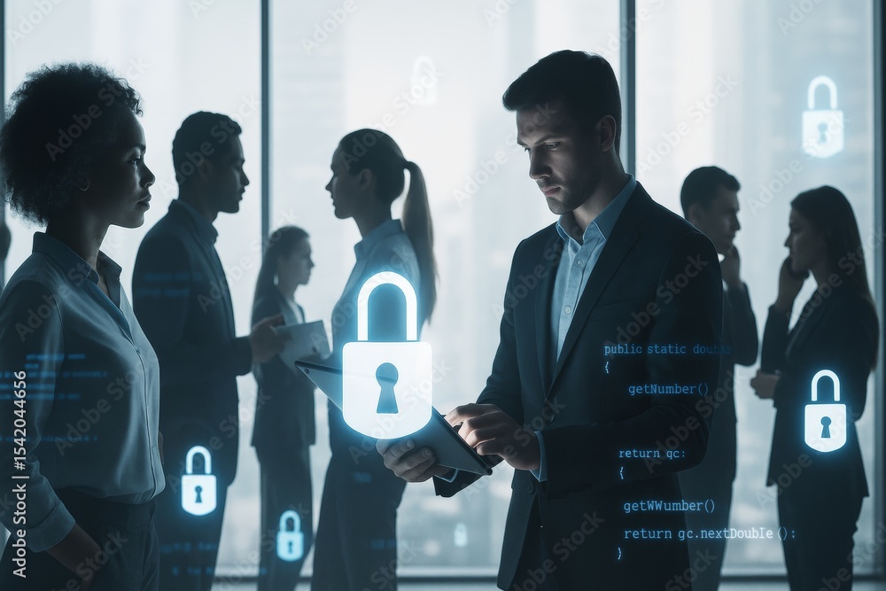 Poster business people interacting with digital padlock icons representing cybersecurity and data protectio