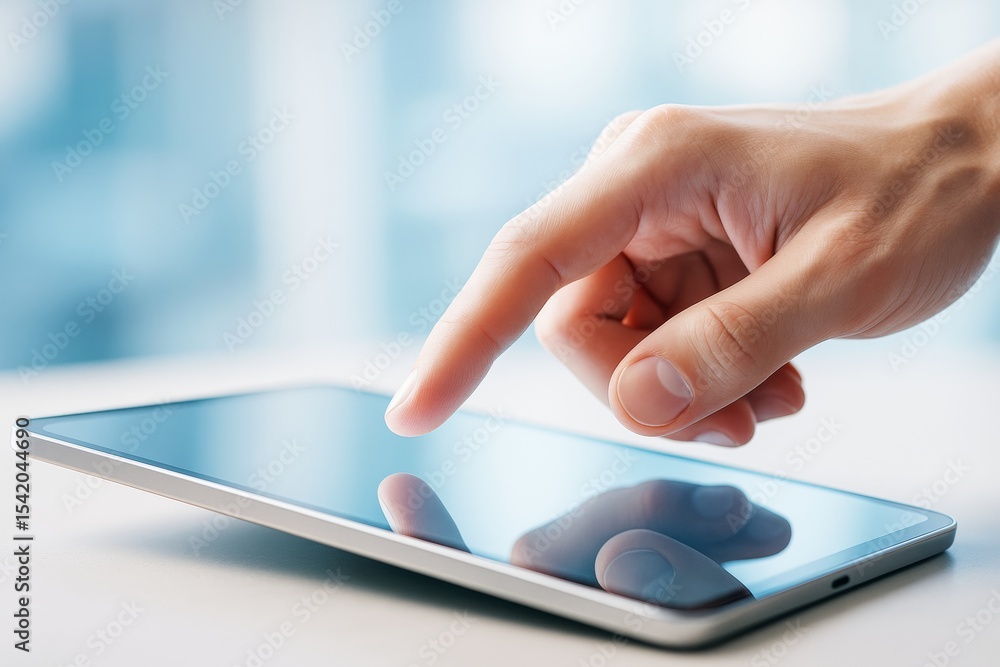 Poster close-up of hand touching tablet screen with finger on reflective surface, modern technology concept