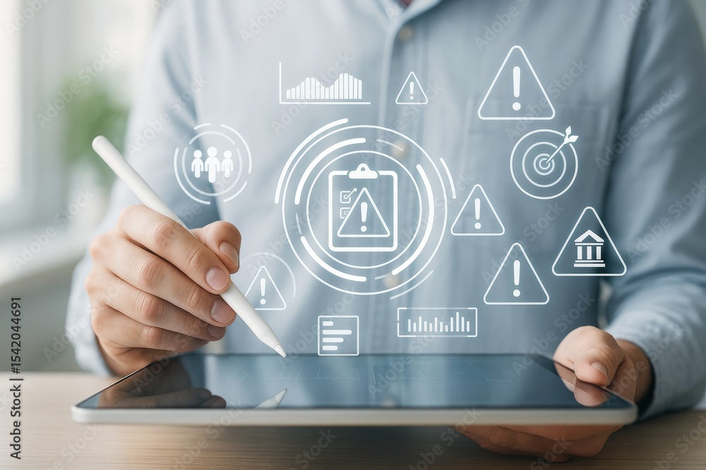Poster Businessman using tablet stylus to manage technology risk assessment with digital warning icons and abstract light background interface.