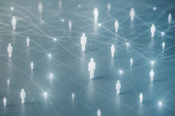 Abstract digital network of human figures connected by glowing lines on blue background symbolizing technology and communication concept.