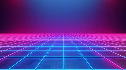 A futuristic neon grid with glowing blue and pink lines stretches into a dark horizon under a gradient purple-blue sky.