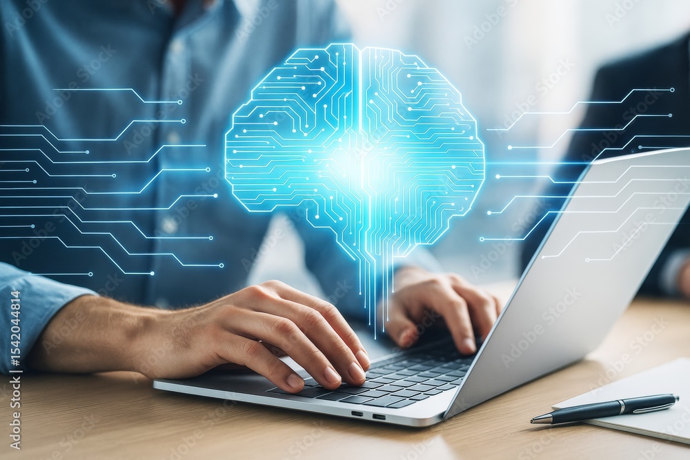Aufkleber Digital brain hologram and circuit lines displayed above laptop while person types, symbolizing artificial intelligence and tech innovation concept.