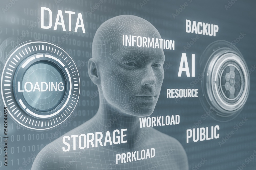 Poster Futuristic human head with AI, data, and cloud technology terms on digital interface background in a conceptual technology visualization scene.