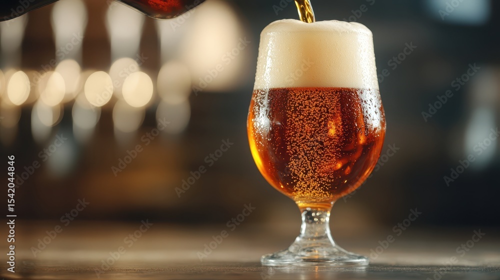 Poster a glass of amber beer is being poured, creating a frothy foam, emphasizing the allure of refreshing 
