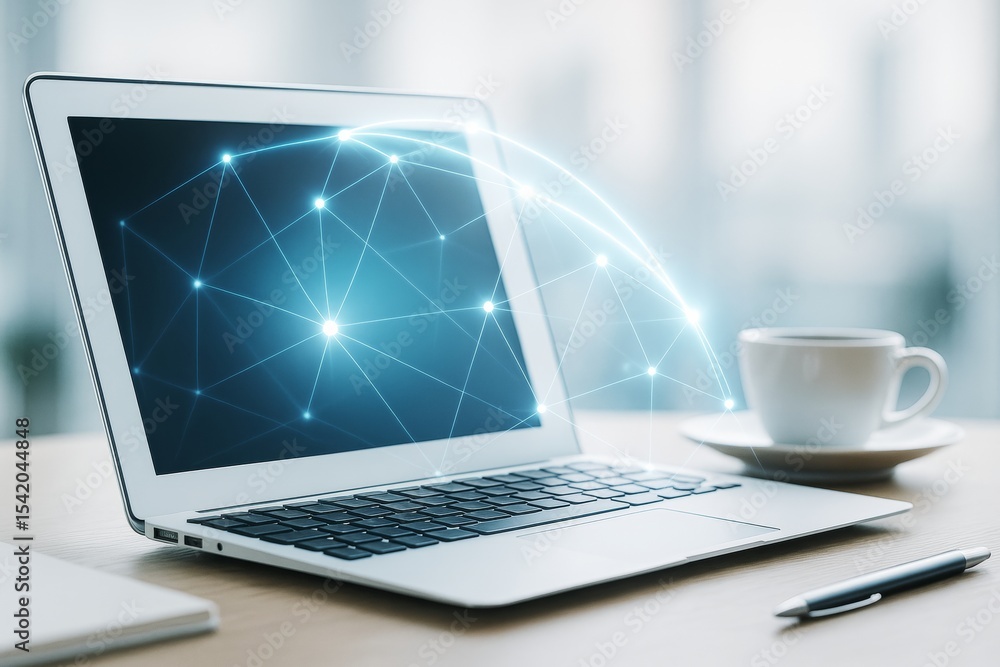Poster Futuristic network connection concept with glowing lines emerging from laptop screen on desk with soft light background in tech office workspace.