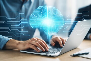 Digital brain hologram and circuit lines displayed above laptop while person types, symbolizing artificial intelligence and tech innovation concept.