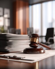 Legal workspace with gavel on desk, stacked documents, and modern office background creating a professional atmosphere for law and justice