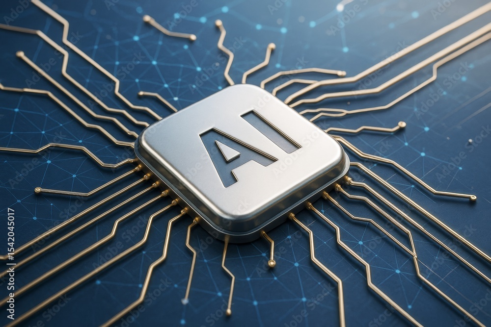 Aufkleber Futuristic AI microchip with gold circuits on abstract tech background representing artificial intelligence and digital technology concept..