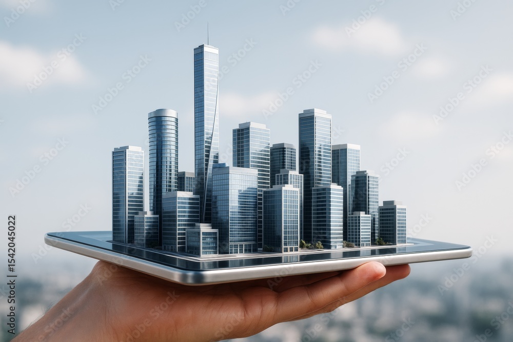 Poster futuristic smart city skyline emerging from digital tablet held in hand, symbolizing urban developme