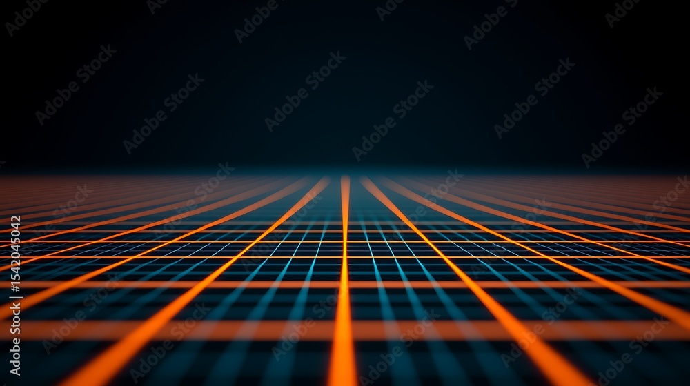 Poster a digital grid with glowing orange and blue lines stretches into the dark horizon, creating a futuri