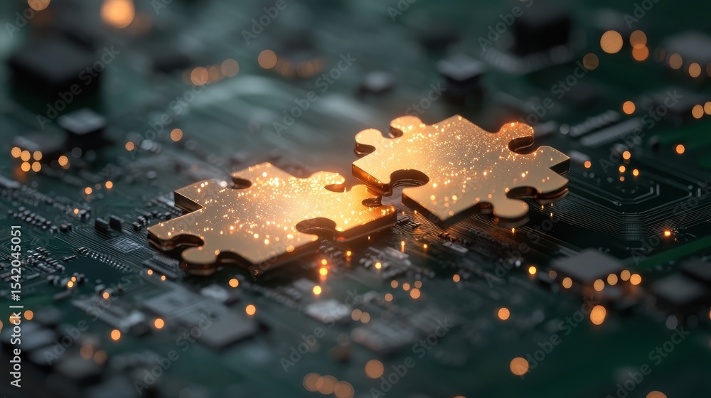 Poster two glowing puzzle pieces fitting together on a circuit board symbolize the connection and integrati