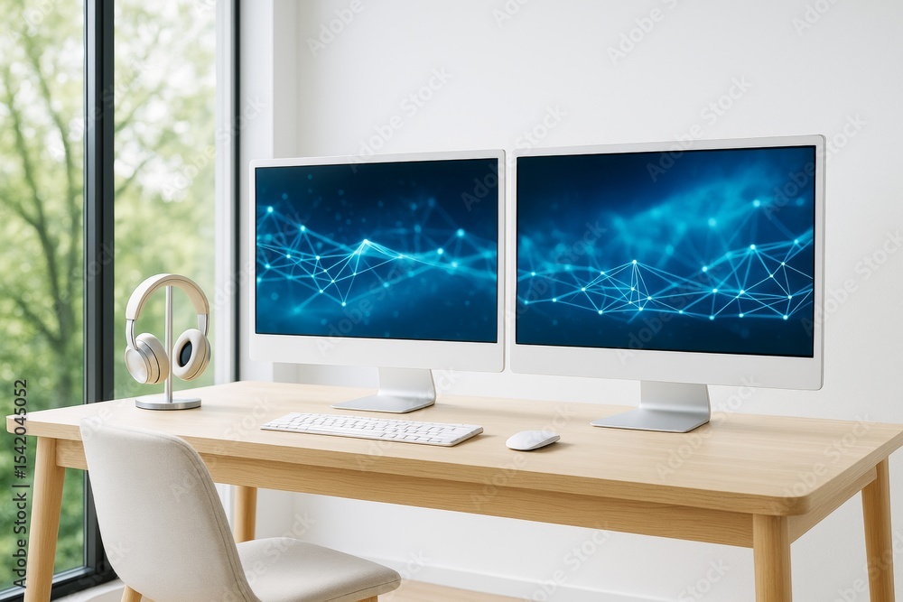 Poster dual computer monitors with abstract blue digital network on screens in modern home office with natu