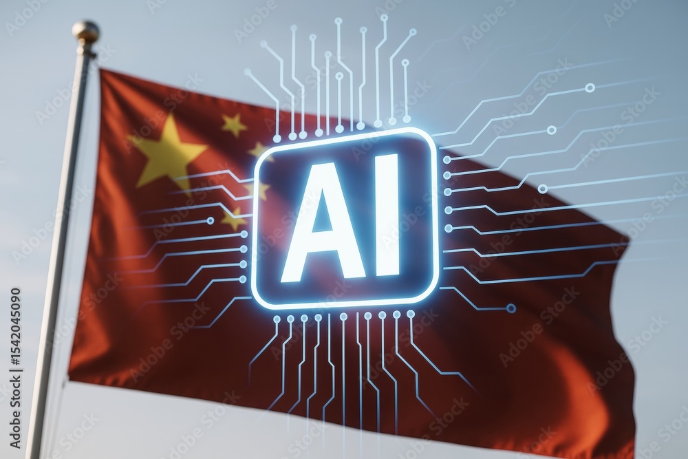 Poster Glowing AI technology icon over circuit lines with Chinese flag waving in background, symbolizing innovation and digital future in business and tech.