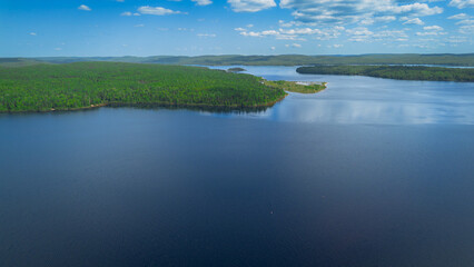 Aerial view of a large lake in the Canadian forest in Quebec in the Lanaudière region