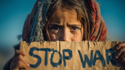 Dirty Hands of a Child Holding Stop War Sign, Anti-War Protest Concept