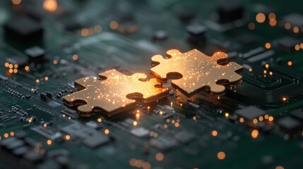 Two glowing puzzle pieces fitting together on a circuit board symbolize the connection and integration of technology and problem-solving in the digital age.
