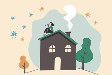 Social Distancing, stay at home in COVID-19 virus outbreak, employee work at home to prevent virus infection, young woman sit on house roof with cat using telescope spying COVID-19 virus pathogens
