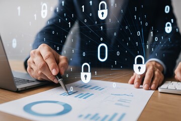Businessman analyzing graphs with digital cybersecurity lock icons and binary code overlay on a futuristic technology background.