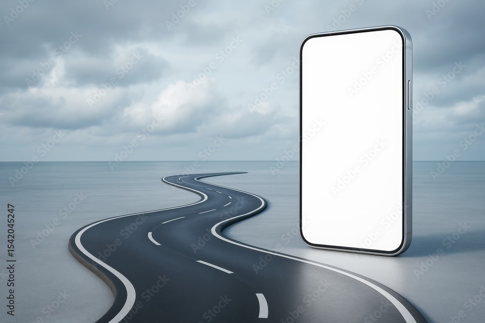 Poster Abstract concept of a winding road leading to a large smartphone with blank screen on minimal futuristic background under cloudy sky.