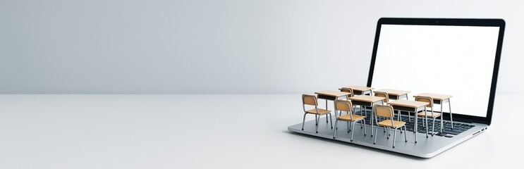 Online education concept with miniature school desks on laptop keyboard on clean white background, symbolizing digital learning platform.