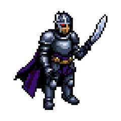 Pixel Art Armored Knight with Sword, Fantasy Game Character, Detailed pixel art illustration of a formidable knight clad in full lamellar armor.