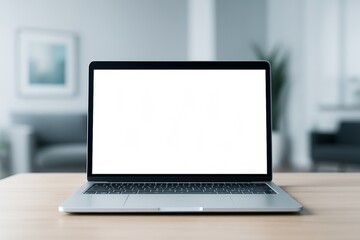 Fototapeta premium Laptop with blank white screen on wooden desk in modern office interior, ideal for tech mockup, poster, banner, or business promotion template.