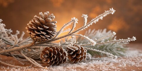 Frosted Pine Cones and Branch, Winter Still Life, Holiday decor, Frosty
