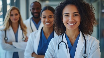 Group of diverse healthcare professionals standing together in a hospital corridor, showcasing teamwork and dedication to patient care in modern medical environment