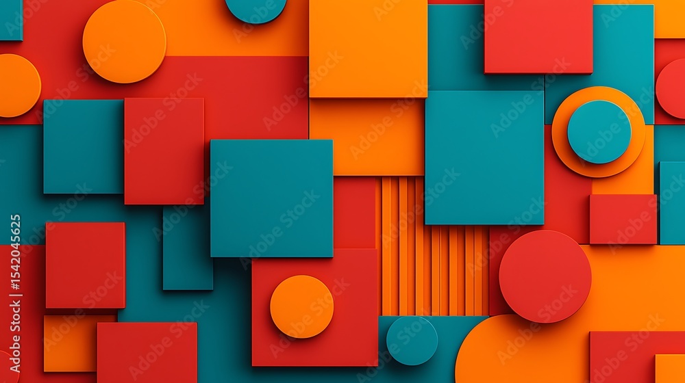 Poster a vibrant geometric abstract composition featuring overlapping squares and circles in bold orange, t