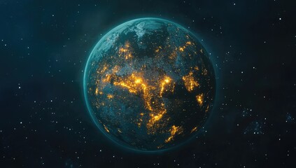 Fototapeta premium A stylized, glowing Earth against a starry backdrop. Visible landmasses are highlighted by bright, golden-yellow light, suggesting urban areas