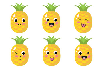Set of colorful and funny cartoon pineapples with different emotions for children's illustrations.Funny smiley face in flat style with kawaii eyes on white background
