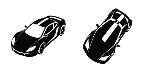 Racing Sports Car Top View Leaping Forward Flat Ve Silhouette on White Background