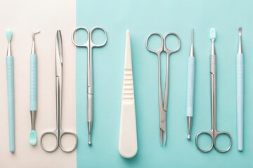 A set of stainless steel and plastic dental tools arranged neatly on a two-tone blue and beige background.