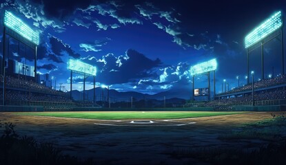 Night baseball stadium, vibrant lighting, full stands