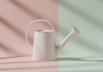 Minimalist composition of a white watering can with shadows on a pastel background.
