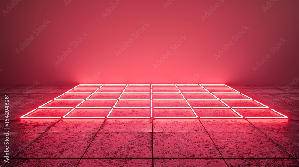 Poster a glowing neon grid with red light on a tiled floor and wall, creating a futuristic and geometric vi
