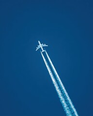 Airplane in Clear Blue Sky Leaving Vapor Trails Behind on a Bright Sunny Day