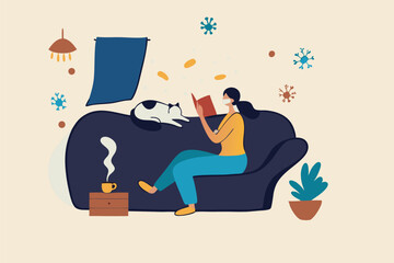 Social Distancing, stay home in COVID-19 coronavirus outbreak, stay in the house to prevent virus infection, happy woman stay calm reading book playing with cat in her home, virus pathogens outside