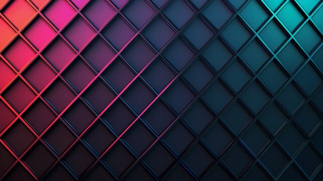 Abstract geometric pattern with a grid of diamond shapes illuminated by red and blue gradient lighting. - Powered by Adobe